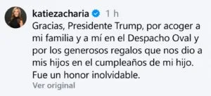 Katie Zacharia agradece a Trump por recibir a su familia en la Casa Blanca