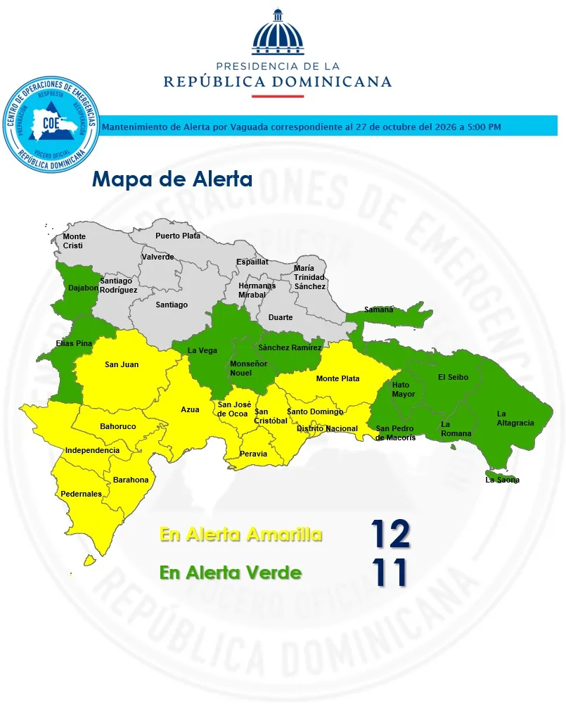 COE mantiene 24 provincias bajo alerta por incidencia de vaguada